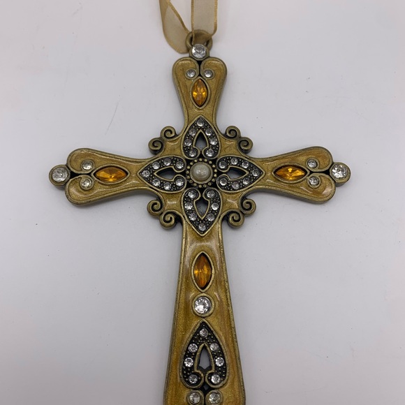 Gorgeous Vtg. Amber Gold Glitter Bronze Tone Metal Jeweled Cross Ornament - Picture 5 of 7